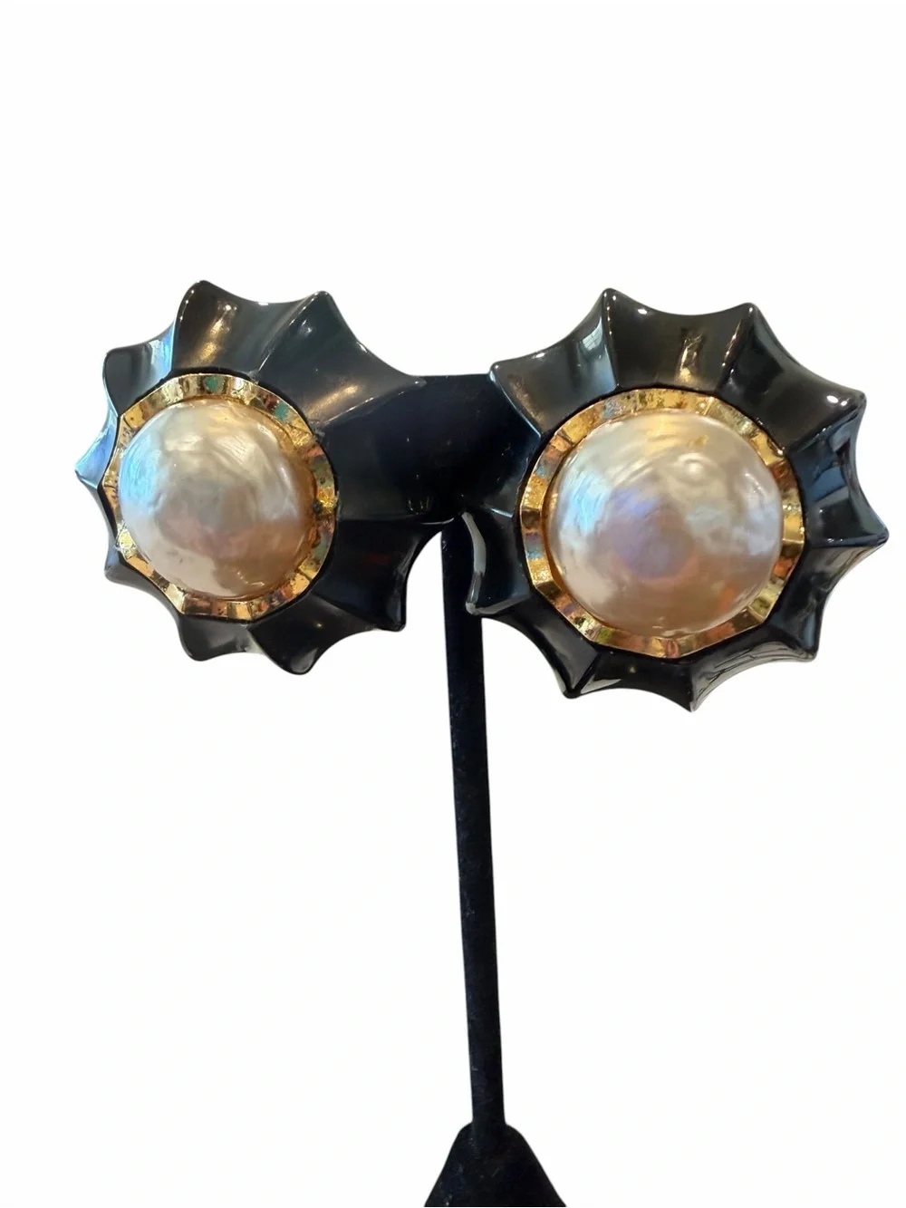 CHANEL Black and Gold Faux Pearl Starburst Clip Earrings